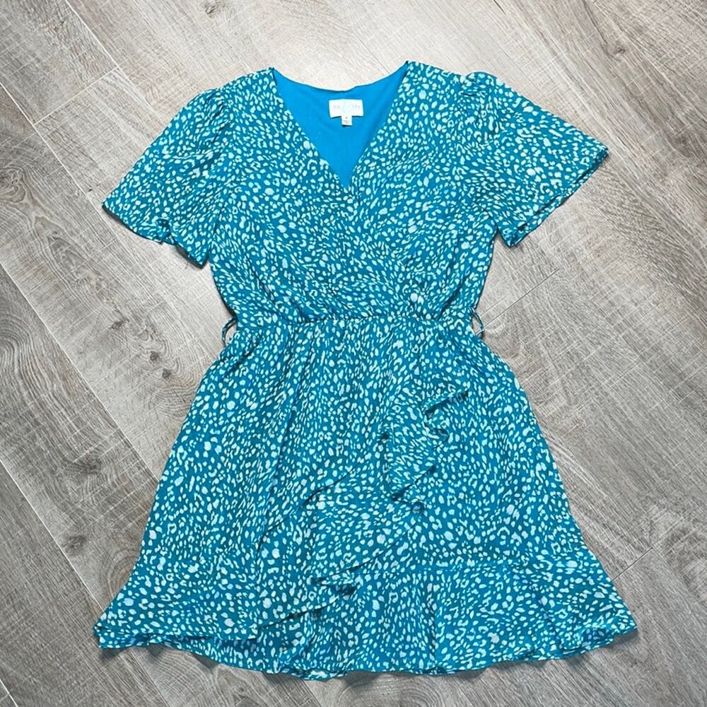 Jun & Ivy Teal Blue Faux Wrap Short Sleeve Mini Dress Women’s Size Medium
